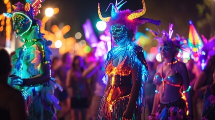 A group of neon stilt walkers dressed as whimsical creatures delight the crowd with their playful antics - obrazy, fototapety, plakaty