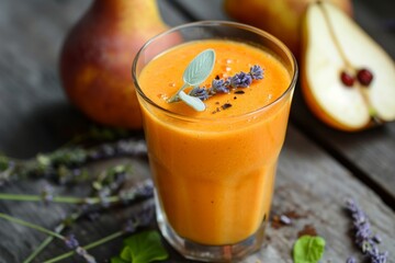 Pear and lavender mixed with fresh carrot to make a smoothie
