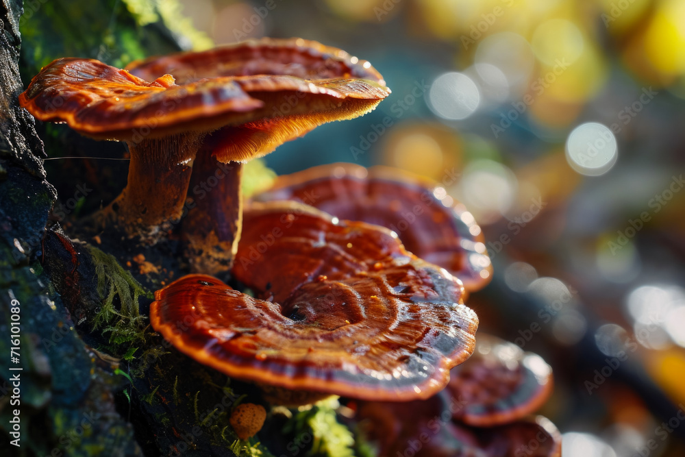 Poster flat mushrooms. background with selective focus and copy space