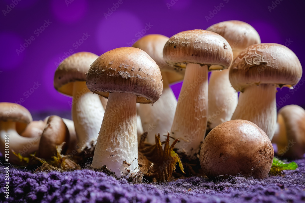 Poster mushrooms with studio light, cool tone. background with selective focus and copy space