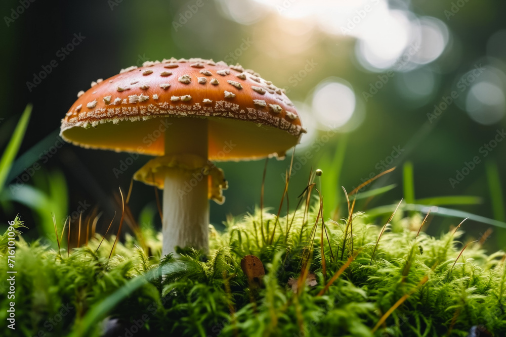 Poster fly agaric in the forest. background with selective focus and copy space