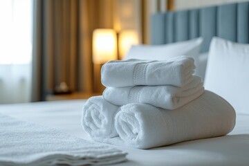 Obraz na płótnie Canvas Hotel room with clean towels on bed Maid made up bed with white pillows and sheets in beautiful bedroom Close up interior background showcasing towel and room