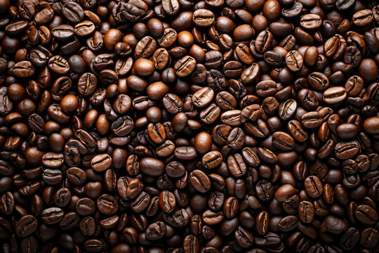 Coffee beans close up. Background with selective focus and copy space