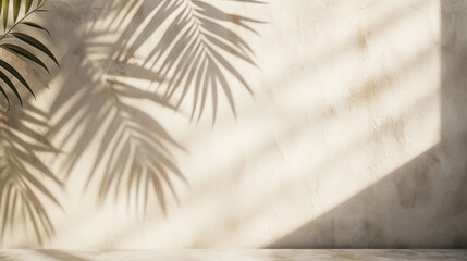 Minimal product placement background with palm shadow on beige plaster wall . Ai Generative