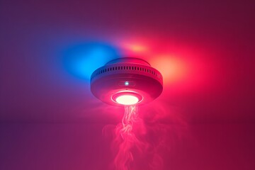 Fire sensor installed on ceiling detects smoke illuminated by red and blue light