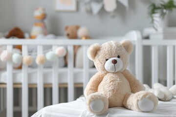 Stylish baby room with crib and toy bear