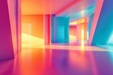 Colorful interior design with brightly lit corners set against an abstract architectural background