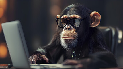 Businessman monkey sitting seriously in his office - obrazy, fototapety, plakaty