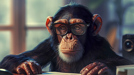 Businessman monkey sitting seriously in his office - obrazy, fototapety, plakaty