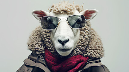 Sheep head wearing sunglasses on the human body of a man wearing winter Clothes on white background