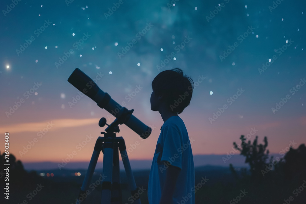 Poster boy in the dark of the night with a telescope. noise as an artistic technique. background with selec