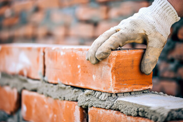 Laying bricks at a construction site. Background with selective focus and copy space