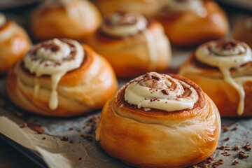 Cinnabon buns with cream sauce on paper after baking