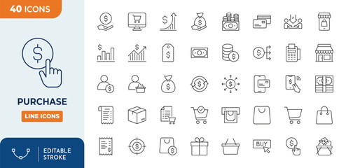 Purchase Line Editable Icons set. Vector illustration in modern thin line style of payment related icons: order, seller, buy online, price, and more. Isolated on white