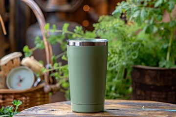 20 ounce green tumbler resting on a wooden table
