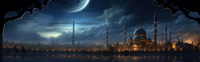 Fotobehang Domed mosque at night with moonlight, background illustration copy space Islamic holidays and the month of Ramadan.  © Muamanah