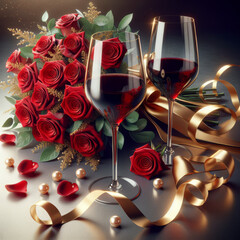 Red roses Bouquet , wine glasses , gold ribbons >perfect background for Valentine's day or woman day or wedding