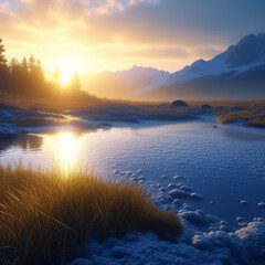 Sunset over the lake , Glistening dew on the mountainous terrain reflects the first light of dawn