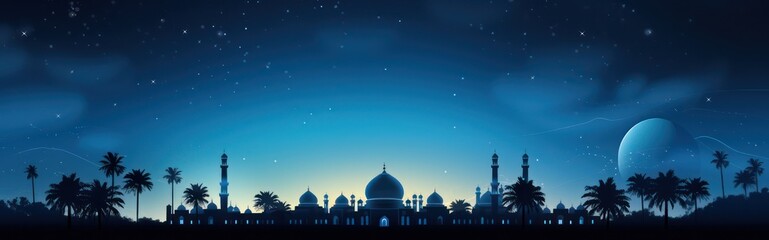 Domed mosque at night with moonlight, background illustration copy space Islamic holidays and the month of Ramadan.	 - obrazy, fototapety, plakaty