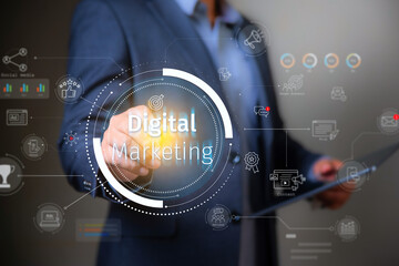 digital marketing concept, businessman touch word Digital marketing on virtual screen display, Modern marketing, social, online.