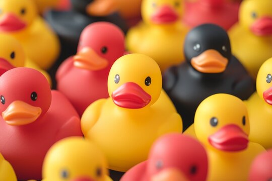 Assortment of rubber ducks close up plastic bath ducks