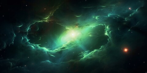 Fototapeta na wymiar Colorful green space galaxy cloud nebula. Stary night cosmos. Universe science astronomy. Supernova background wallpaper, Generative AI