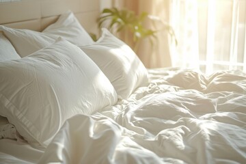 Close up of a well made bed with pristine white pillows and sheets in a beautiful room bathed in sunlight with lens flare