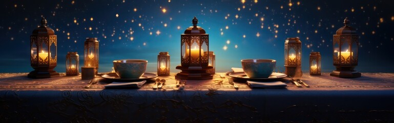 Fototapeta na wymiar Candle lantern decoration, with sweet dates. Islamic holiday Ramadan Kareem ornament wallpaper background.
