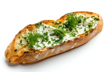 Fototapeta na wymiar Isolated cream cheese and herb covered crunchy baguette slice