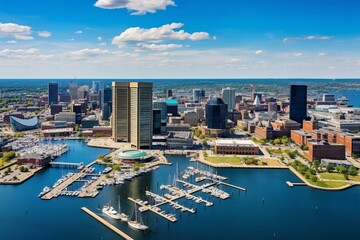 Bird's-eye view of Baltimore's downtown skyline near the harbor in Maryland. Generative AI - obrazy, fototapety, plakaty