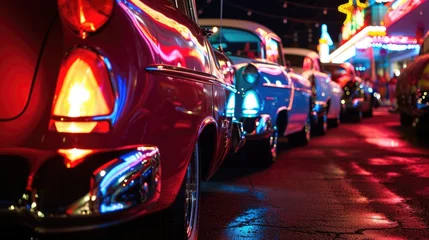 Zelfklevend behang Retro compositie A line of retro 1950s cars their chrome details reflecting the neon signs that light up the street