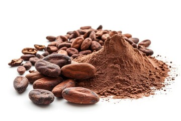 Cocoa powder from beans and mass isolated on white