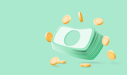 Falling green money bills and gold coins. 3D cartoon realistic money. Business and finance success. Big win or jackpot banner. Vector illustration
