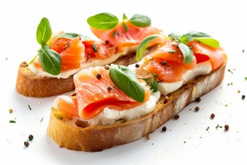 High quality photo of isolated sandwich with salmon cream cheese and vegetables on toast