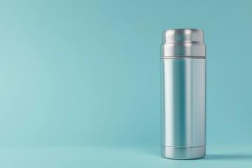 Mock up of a stainless steel thermos on a pastel blue background
