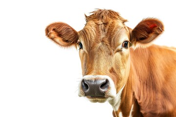 Innocent looking cow with brown coat isolated on white background