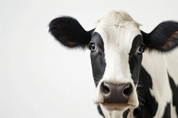 Funny and cute white isolated cow Talking black and white cow close up Curious pet cow on a farm looking at the camera