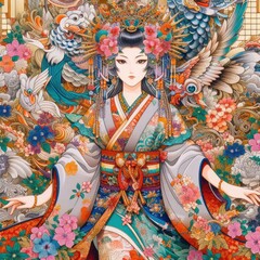 Fototapeta na wymiar Japanese woman dancing elegant Figure Amidst a Floral Fantasy with Generative AI.