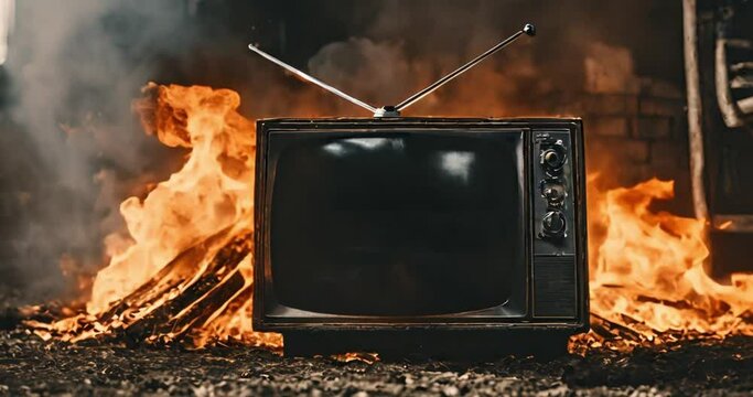 Old television with burning fire in the background