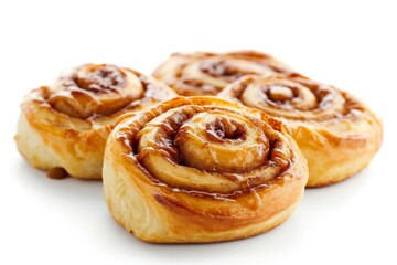 Selective focus on cinnamon rolls with white background