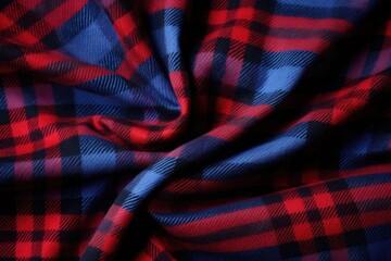 Close up photo of red and blue tartan fleece fabric with a textured plaid pattern