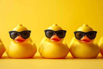 Line of four yellow rubber ducks one with sunglasses representing organization Blank area for text