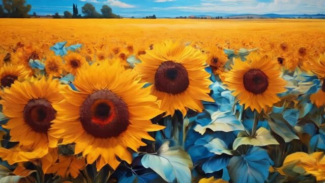 Modern art Oil Painting Sunflower field, motion