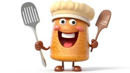 Sausage mascot cartoon character wearing a hat and holding a spatula for cooking