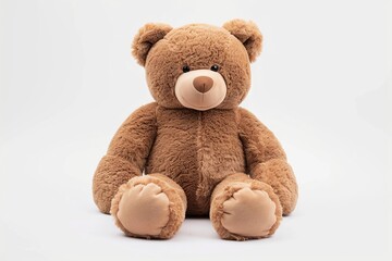 Baby bear toy isolated on white seated toddler soft plush bear on floor front view 34 inch teddy bear stuffed with fabric cuddle buddy