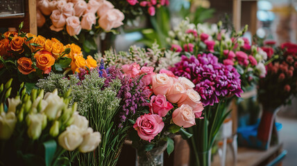 Vibrant Assortment of Fresh Flowers at Local Market - obrazy, fototapety, plakaty