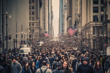 Sea of people walking to their offices through the bustling streets of the financial district at rush hour, Generative AI