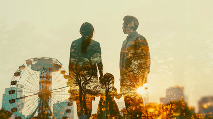 Double exposure portrait of family blended with carnival background featuring ferris wheel