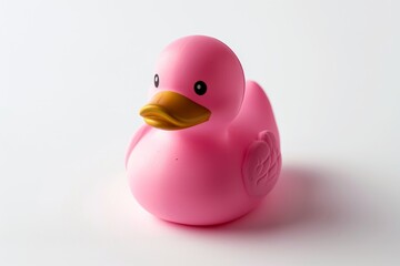 Inverted pink rubber duck photo on white background for children s bath toy Macro shot