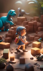 Little girl plays on the ground with blocks and dinosaurs, Generative AI 